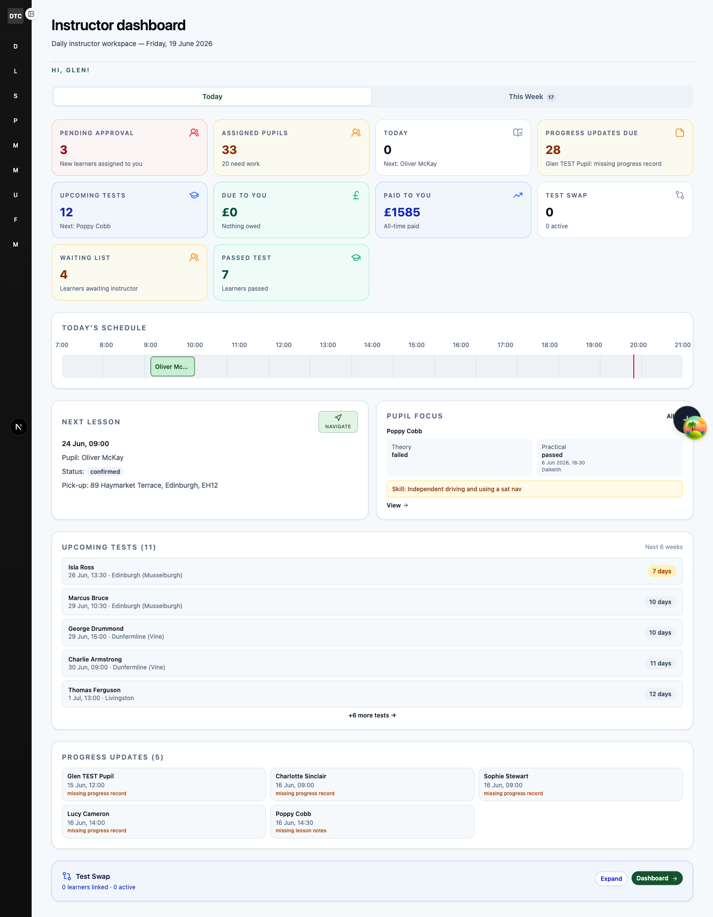 DTC Instructor Dashboard showing today's schedule, upcoming tests, and pupil progress